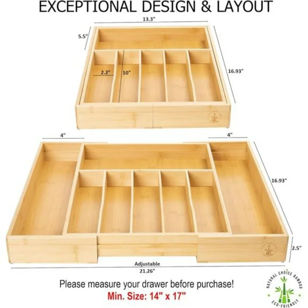 Expandable bamboo silverware drawer organizer large utensil flatware cutlery tra